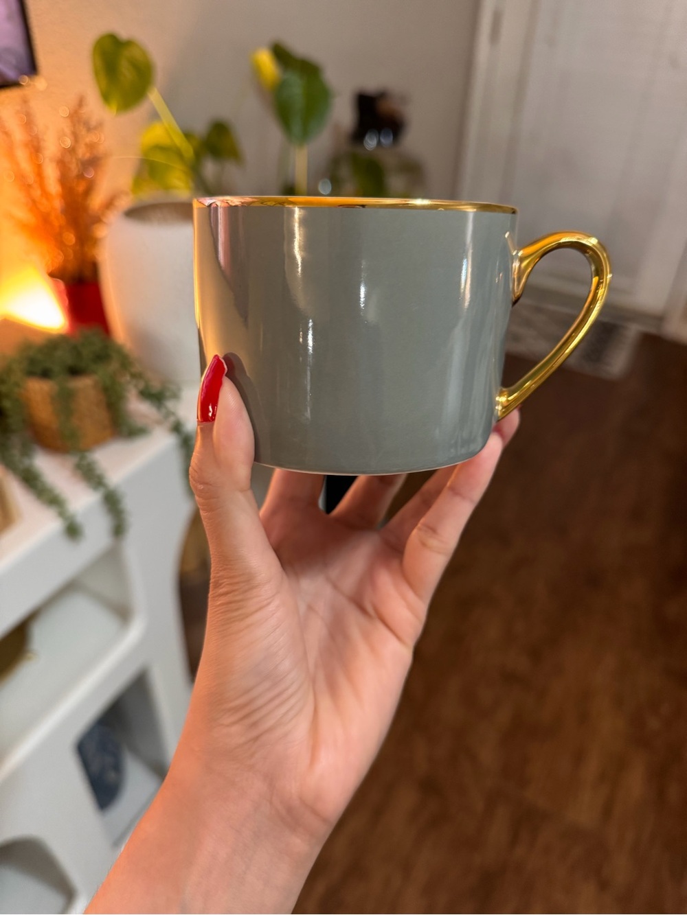 H&M Sage green Ceramic Mug with Gold Handle and Rim